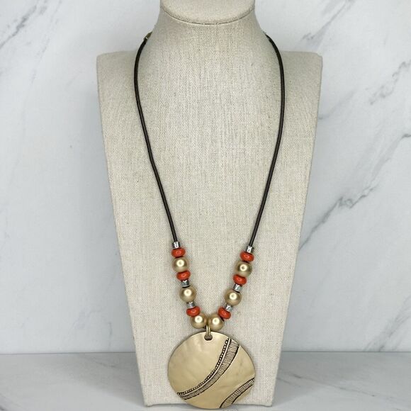 Chicos Orange Gold Tone Beaded Cord Studded Boho Pendant Necklace ✨ - Picture 1 of 8